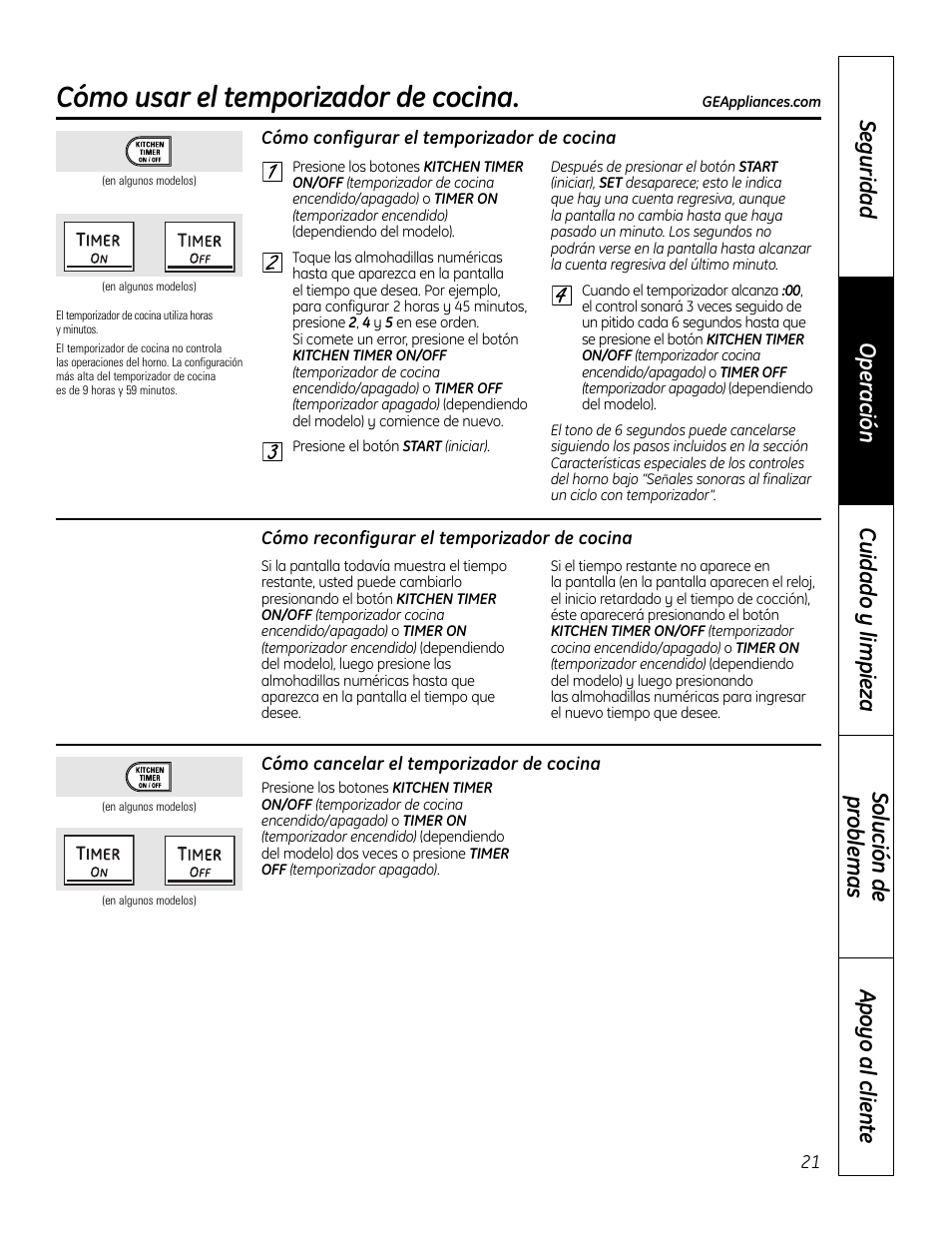 Temporizador de cocina, Cómo usar el temporizador de cocina | GE 49-80602 User Manual | Page 73 / 104