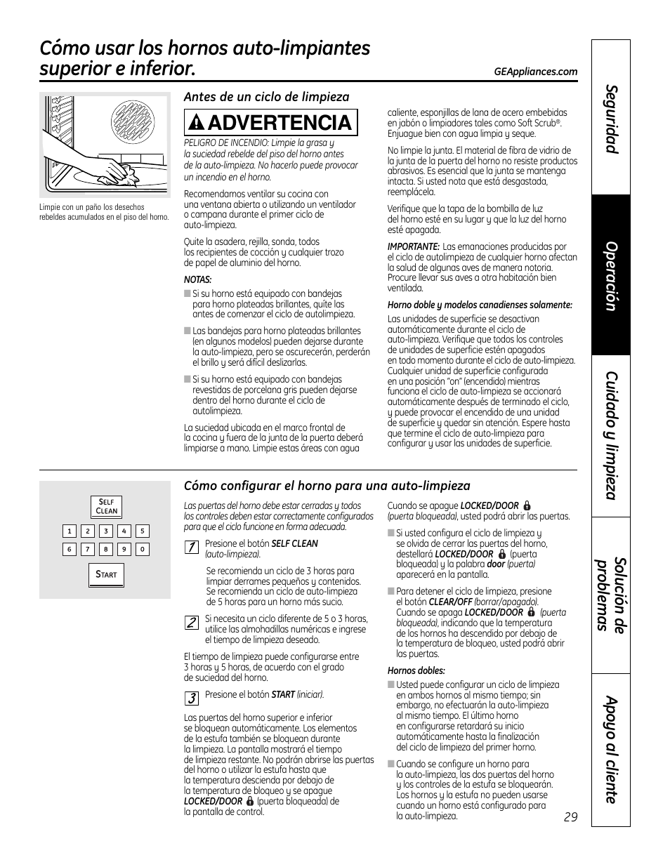 Auto-limpieza, Auto-limpieza , 30, Advertencia | GE 49-80602 User Manual | Page 81 / 104