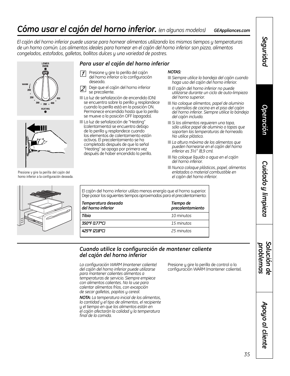 Cajón del horno inferior, Cómo usar el cajón del horno inferior | GE 49-80602 User Manual | Page 87 / 104