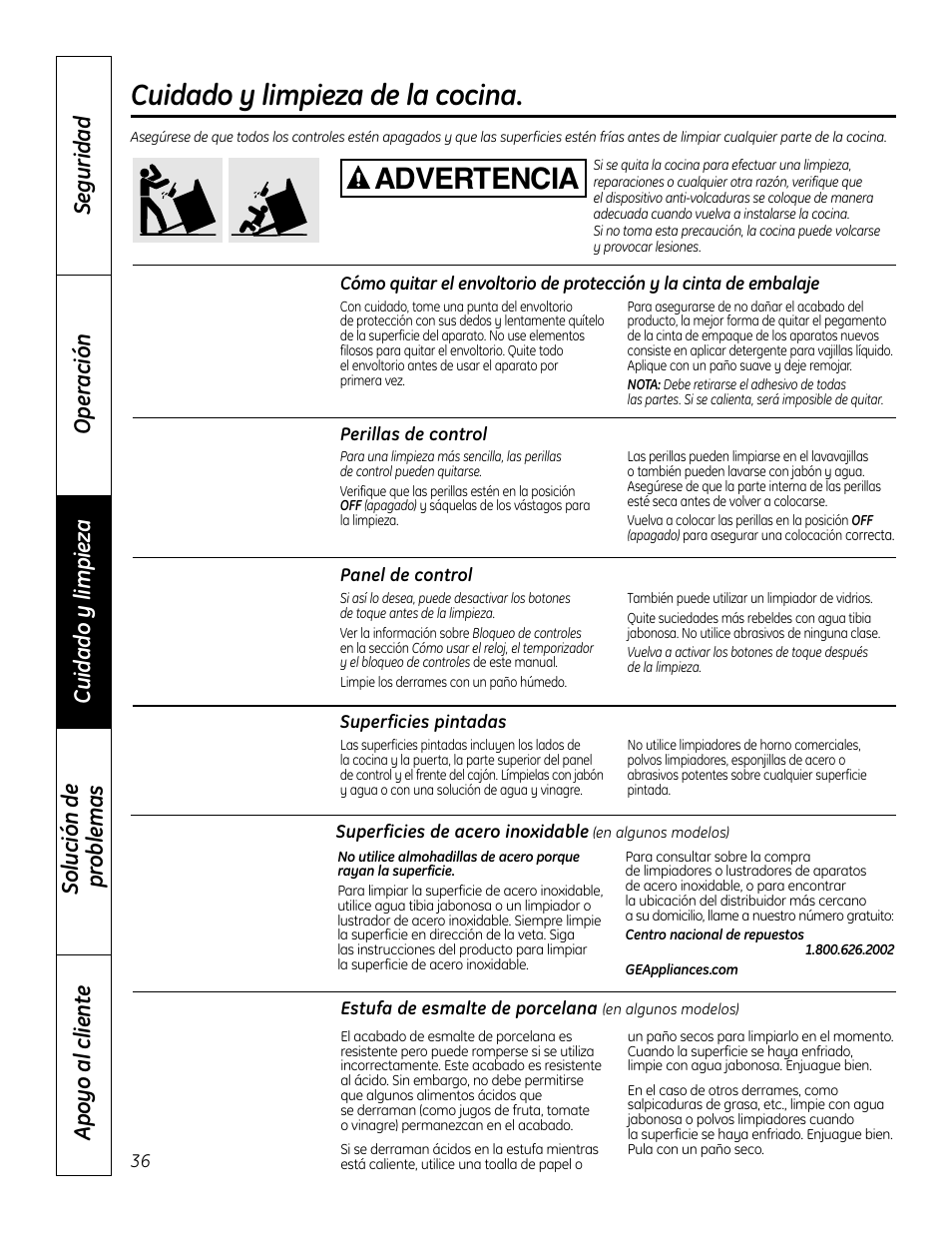 Panel de control, Perillas de control, Superficies | Panel de control perillas de control, Cuidado y limpieza de la cocina, Advertencia | GE 49-80602 User Manual | Page 88 / 104