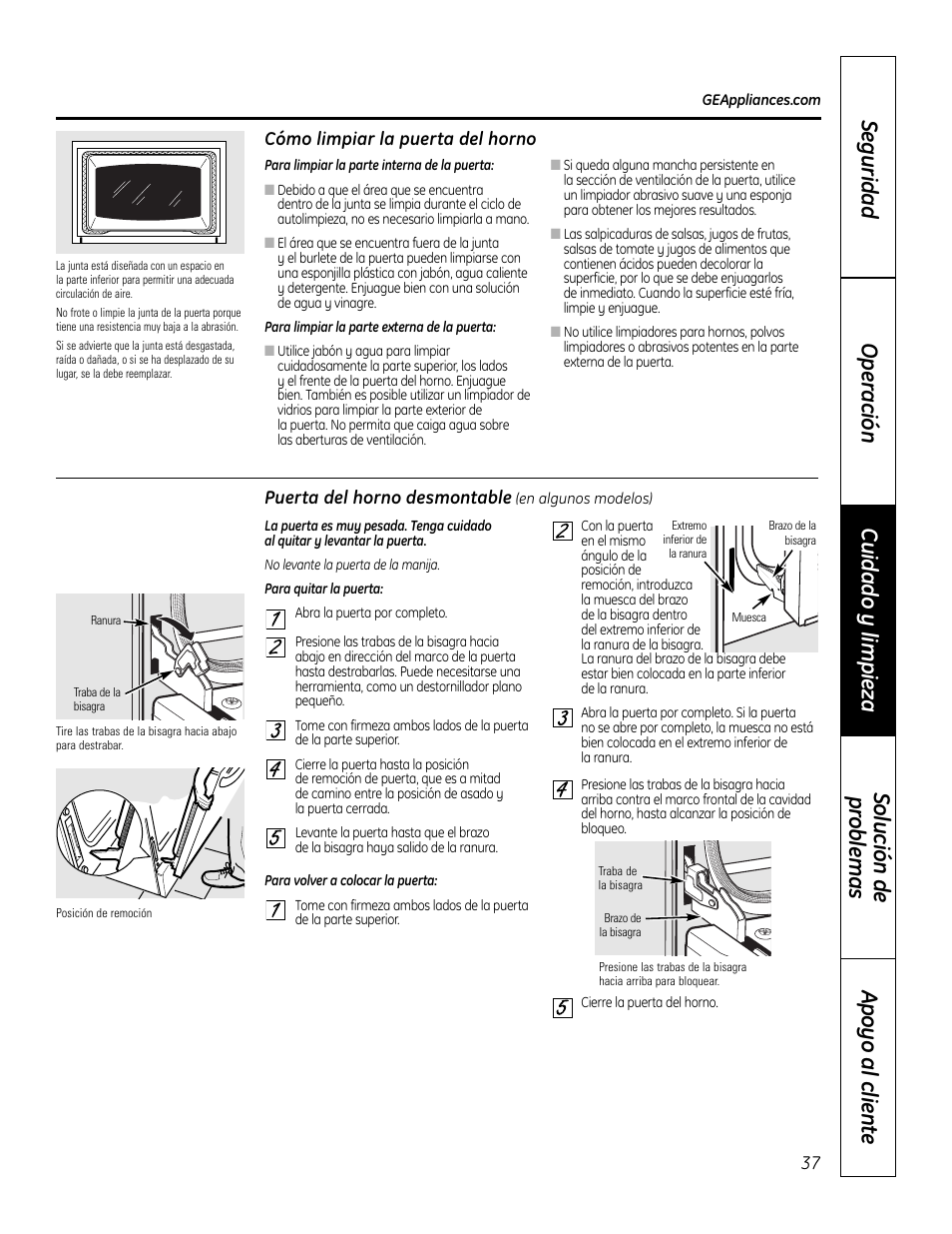 Puerta del horno desmontable, Ventilación, Puerta del horno desmontable , 38 | Ventilación , 39 | GE 49-80602 User Manual | Page 89 / 104