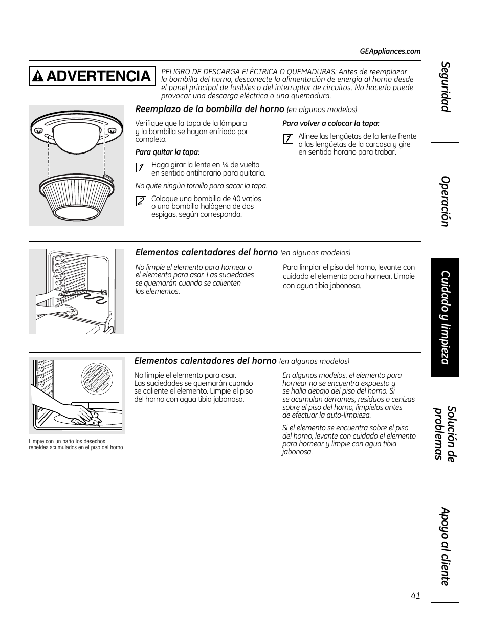 Elementos calentadores del horno, Advertencia | GE 49-80602 User Manual | Page 93 / 104