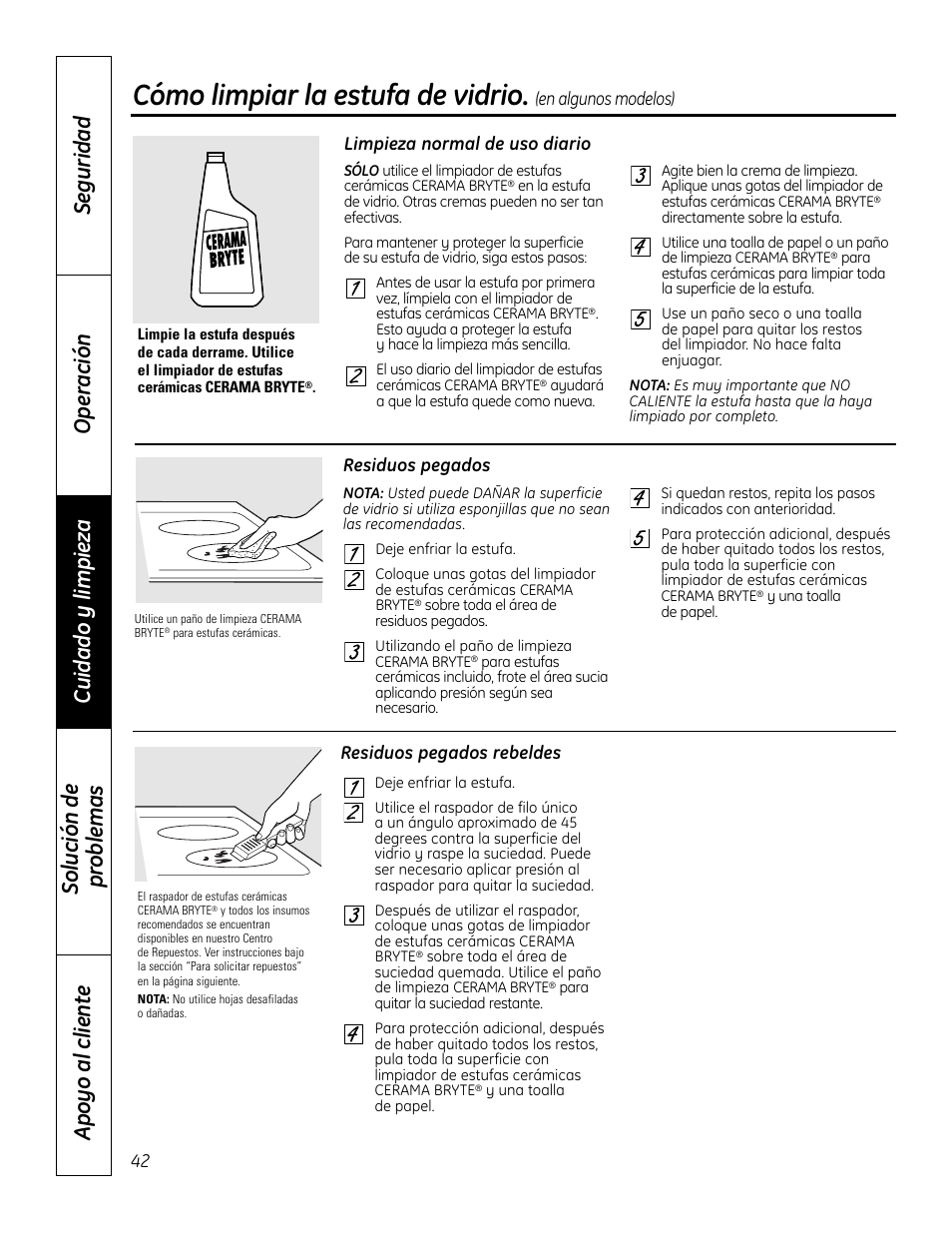 Estufa de vidrio, Estufa de vidrio , 43, Cómo limpiar la estufa de vidrio | GE 49-80602 User Manual | Page 94 / 104