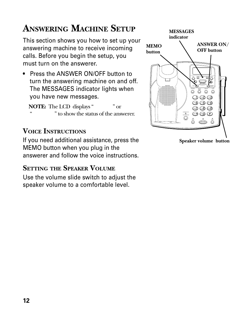 Answering machine setup, Voice instructions, Setting the speaker volume | Nswering, Achine, Etup, Oice, Nstructions, Etting, Peaker | GE 26939 User Manual | Page 12 / 88