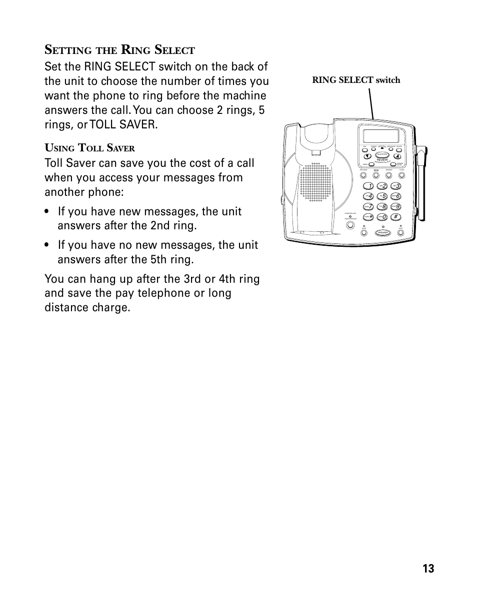 Setting the ring select, Using toll saver, Etting | Elect, Sing, Aver, Ring select switch | GE 26939 User Manual | Page 13 / 88