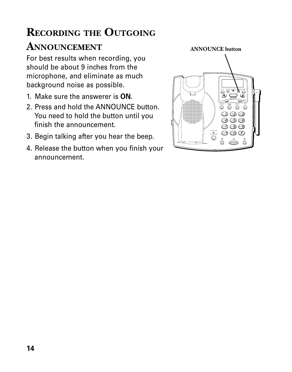 Recording the outgoing announcement, Ecording, Utgoing | Nnouncement, Announce button | GE 26939 User Manual | Page 14 / 88