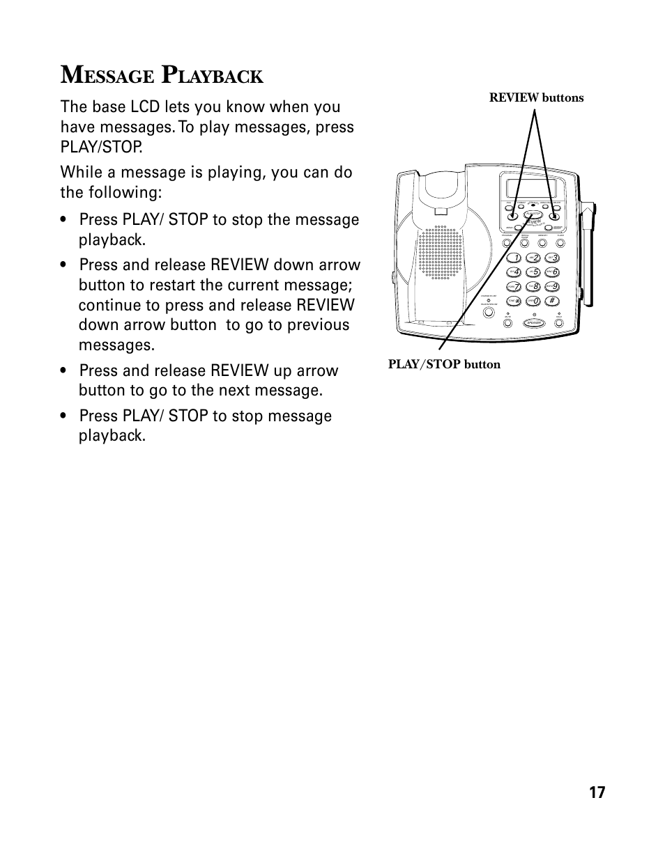Message playback, Essage, Layback | Play/stop button review buttons | GE 26939 User Manual | Page 17 / 88