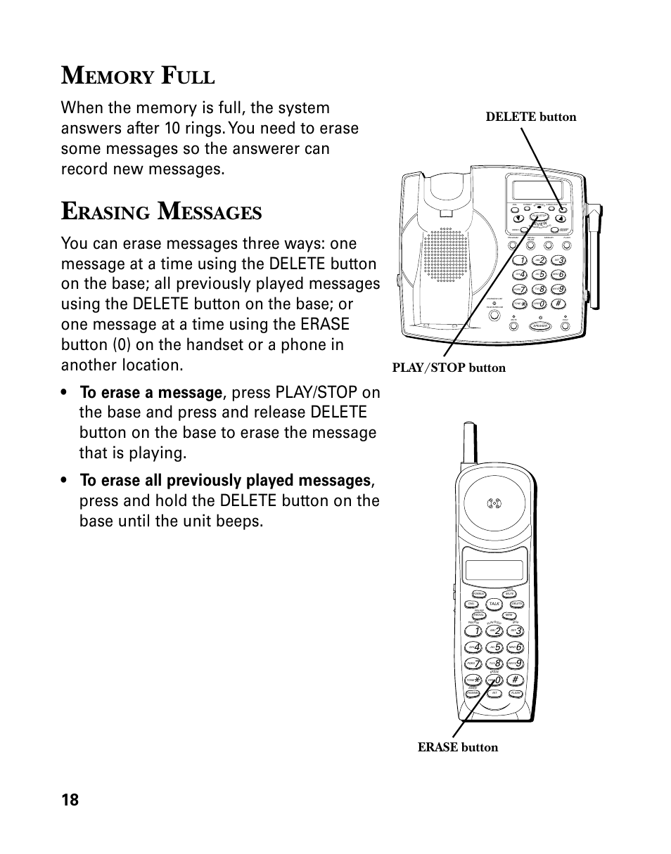 Memory full, Erasing messages, Emory | Rasing, Essages, Erase button delete button play/stop button | GE 26939 User Manual | Page 18 / 88