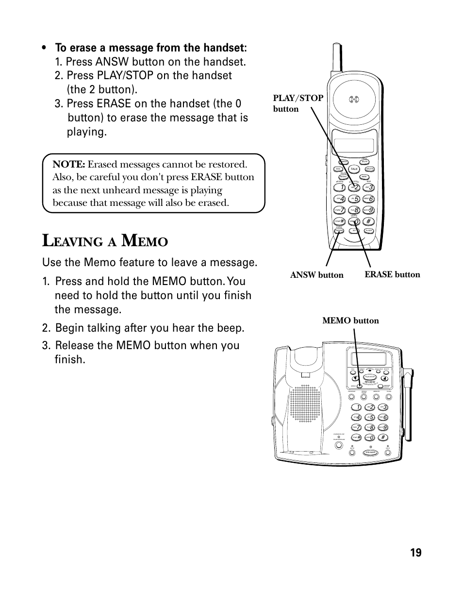 Leaving a memo, Eaving, Erase button play/stop button answ button | GE 26939 User Manual | Page 19 / 88