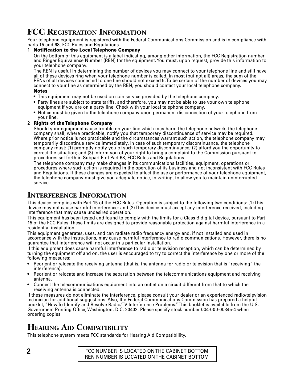 Fcc registration information, Interference information, Hearing aid compatibility | Fcc r | GE 26939 User Manual | Page 2 / 88