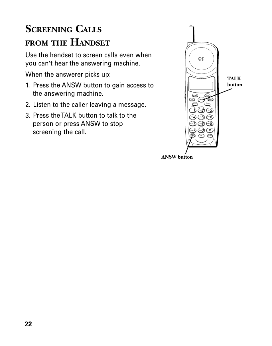 Screening calls from the handset, Creening, Alls | From, Andset, Alls from, Answ button talk button | GE 26939 User Manual | Page 22 / 88