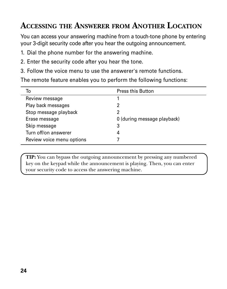 Accessing the answerer from another location, Ccessing, Nswerer | From, Nother, Ocation | GE 26939 User Manual | Page 24 / 88