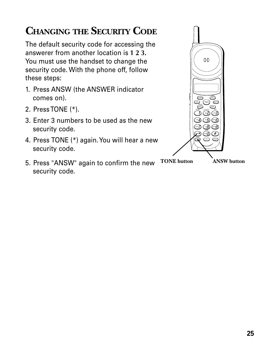 Changing the security code, Hanging, Ecurity | Answ button tone button | GE 26939 User Manual | Page 25 / 88