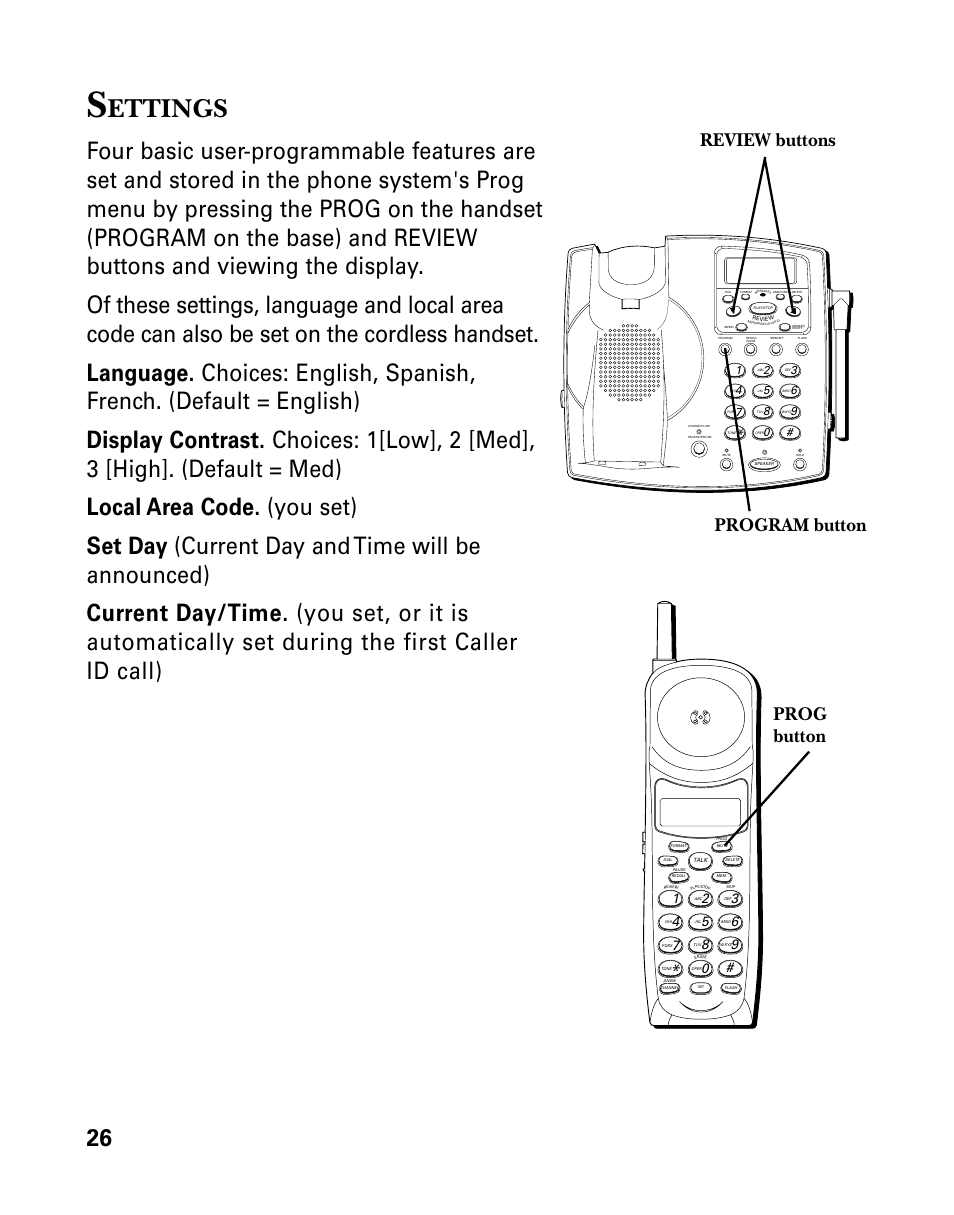 Settings, Ettings, Program button review buttons prog button | GE 26939 User Manual | Page 26 / 88