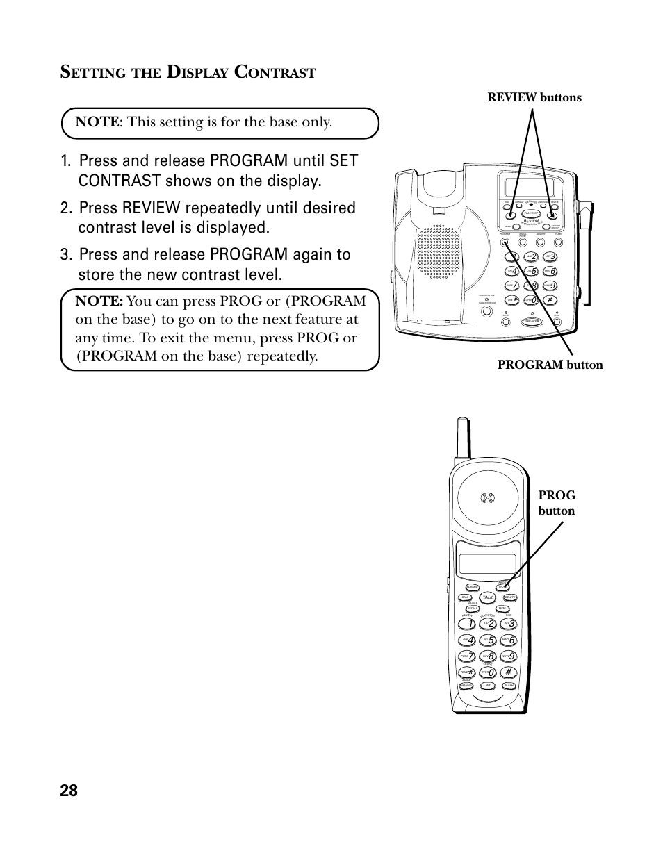 Setting the display contrast, Etting, Isplay | Ontrast, Program button review buttons prog button | GE 26939 User Manual | Page 28 / 88