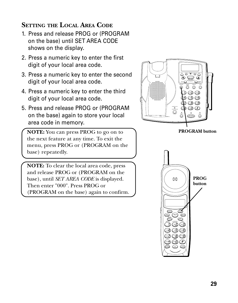 Setting the local area code, Etting, Ocal | Program button prog button | GE 26939 User Manual | Page 29 / 88