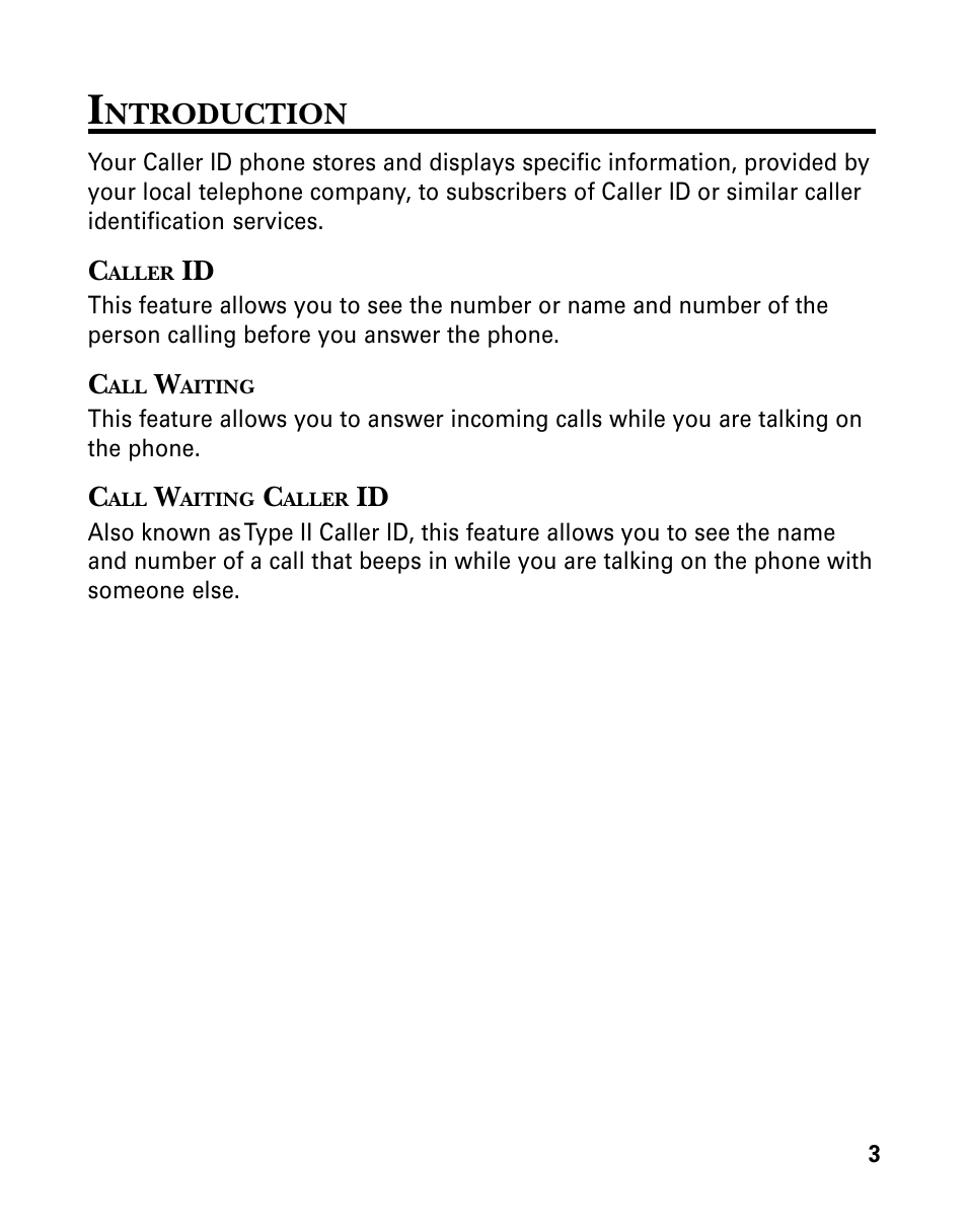 Introduction, Caller id, Call waiting | Call waiting caller id, Ntroduction | GE 26939 User Manual | Page 3 / 88
