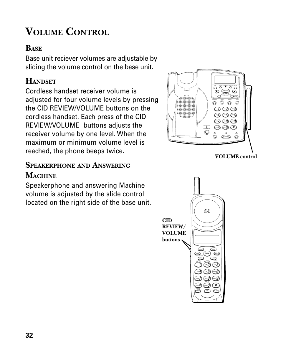 Volume control, Base, Handset | Speakerphone and answering machine, Olume, Ontrol, Andset, Peakerphone, Answering, Achine | GE 26939 User Manual | Page 32 / 88