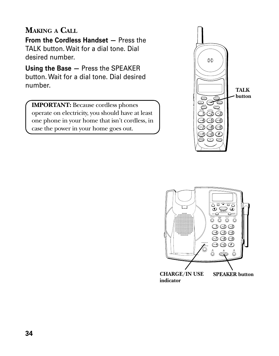 Making a call, Aking, Speaker button talk button | Charge/in use indicator | GE 26939 User Manual | Page 34 / 88