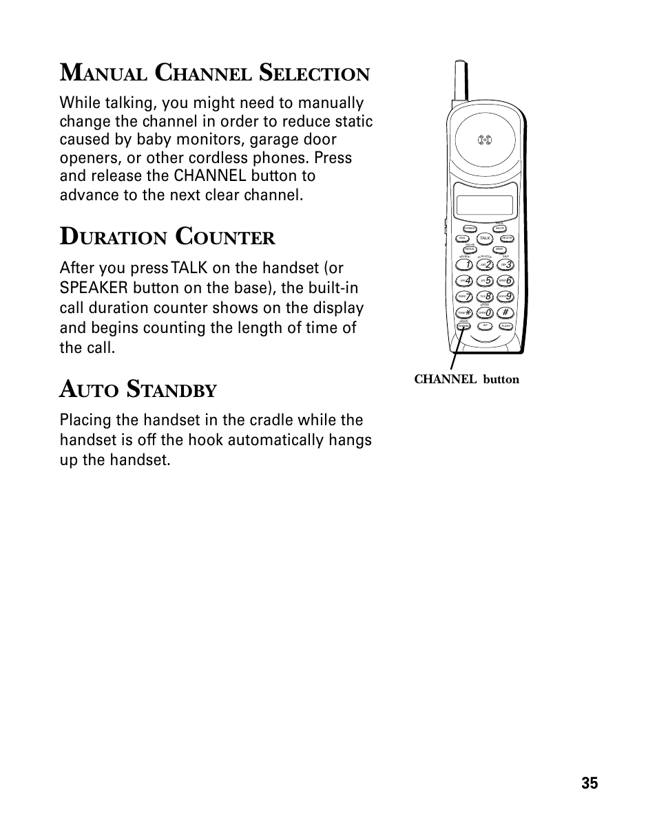 Manual channel selection, Duration counter, Auto standby | Anual, Hannel, Election, Uration, Ounter, Tandby, Channel button | GE 26939 User Manual | Page 35 / 88