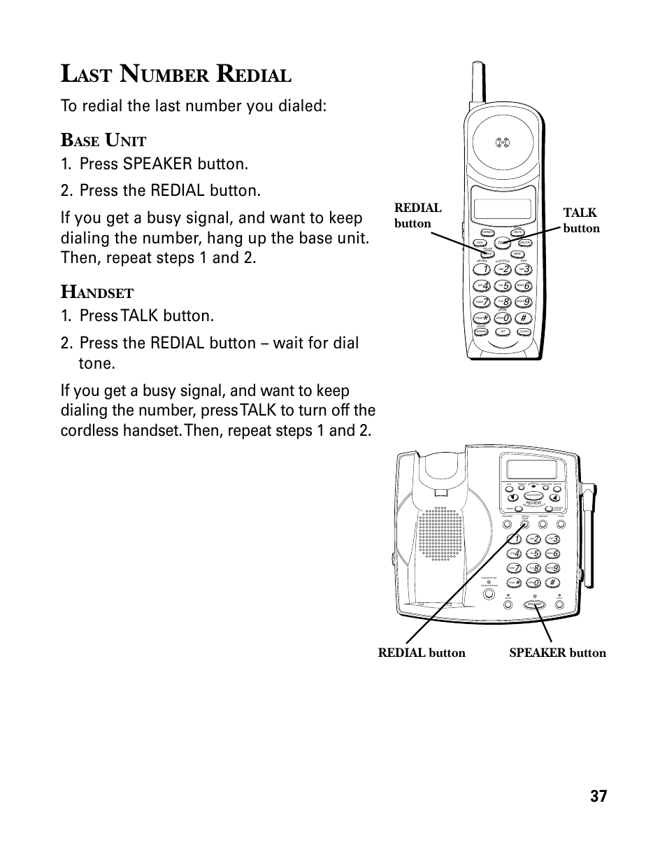 Last number redial, Base unit, Handset | Umber, Edial, Andset, Speaker button talk button, Redial button | GE 26939 User Manual | Page 37 / 88