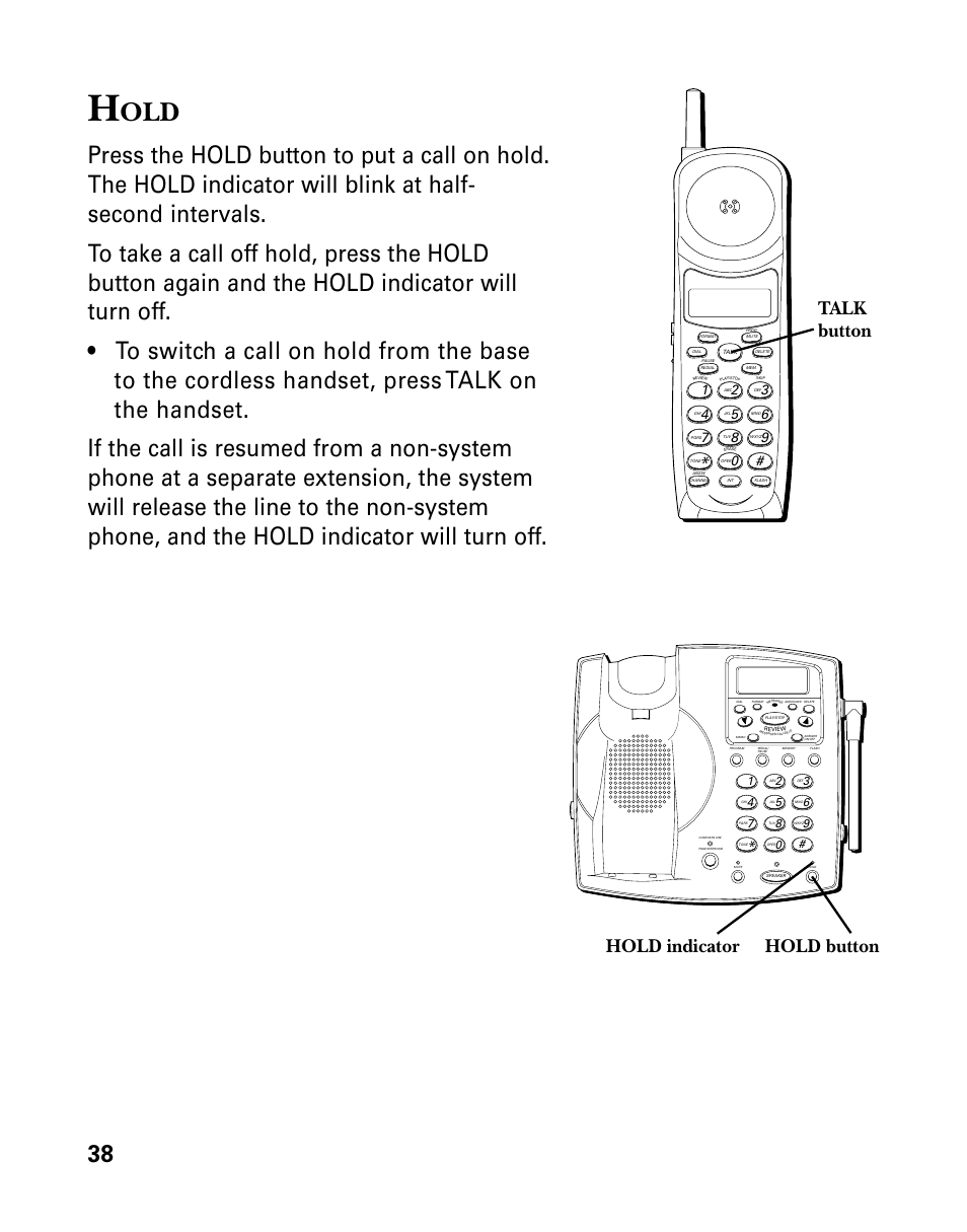 Hold, Hold button talk button, Hold indicator | GE 26939 User Manual | Page 38 / 88