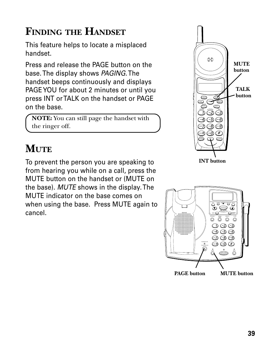Finding the handset, Mute, Inding | Andset, Mute button talk button, Int button page button mute button | GE 26939 User Manual | Page 39 / 88