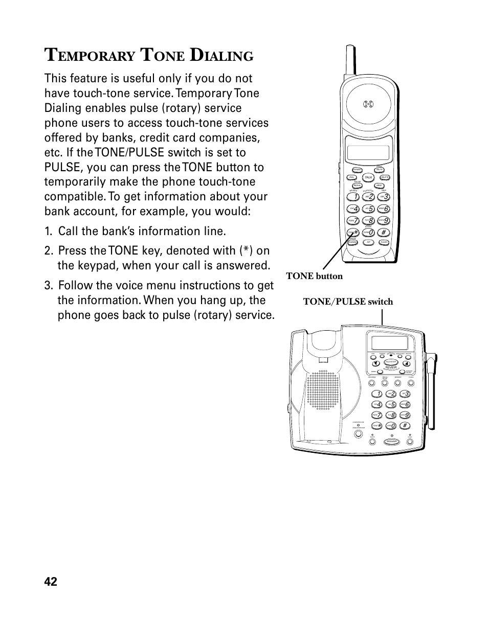 Temporary tone dialing, Emporary, Ialing | Tone button tone/pulse switch | GE 26939 User Manual | Page 42 / 88