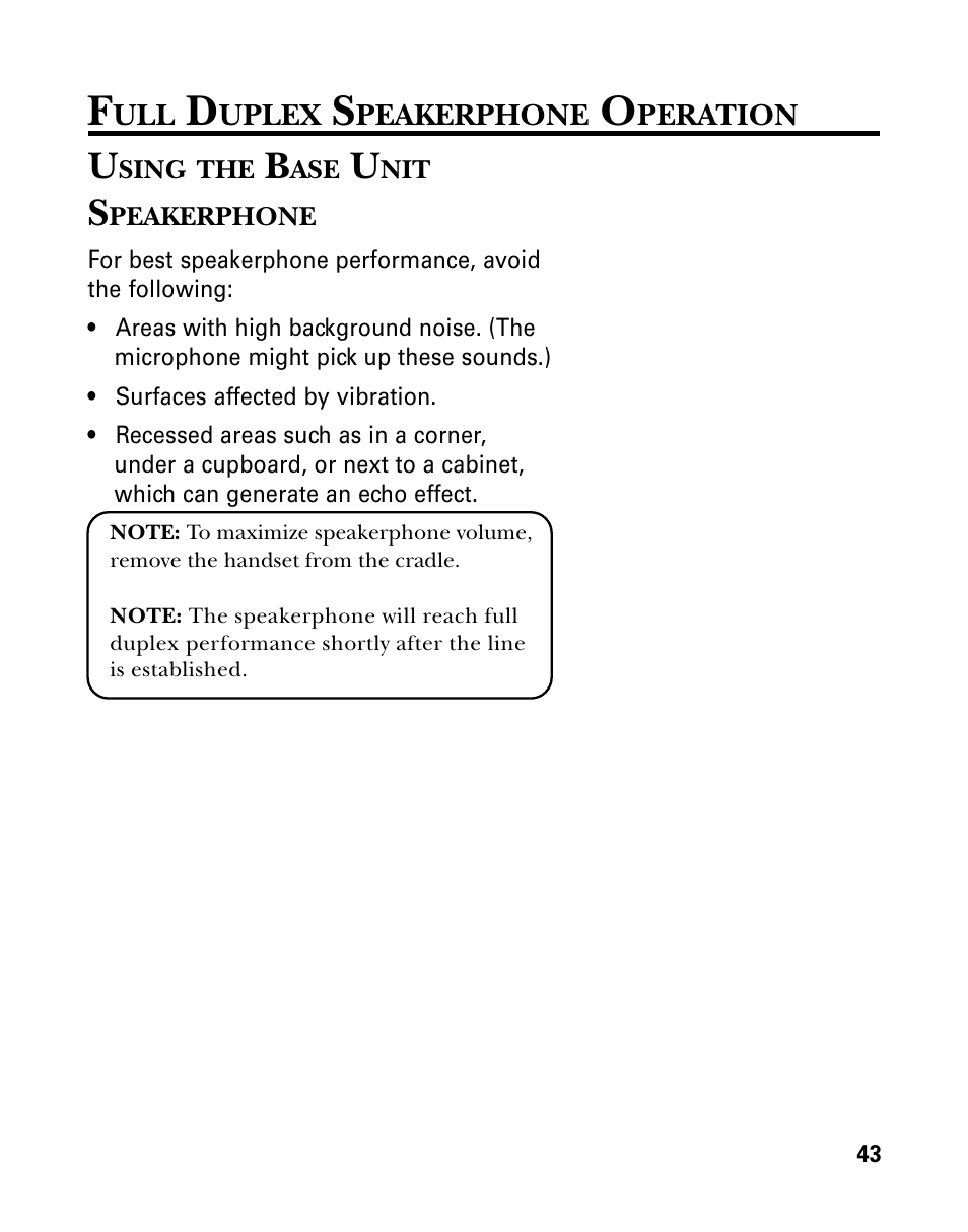 Full duplex speakerphone operation, Using the base unit speakerphone, Uplex | Peakerphone, Peration, Sing | GE 26939 User Manual | Page 43 / 88