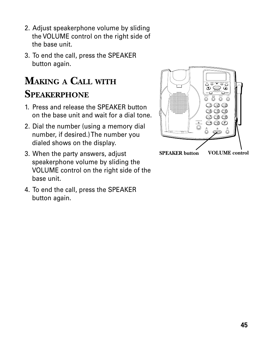 Making a call with speakerphone, Aking, With | Peakerphone, Speaker button volume control | GE 26939 User Manual | Page 45 / 88