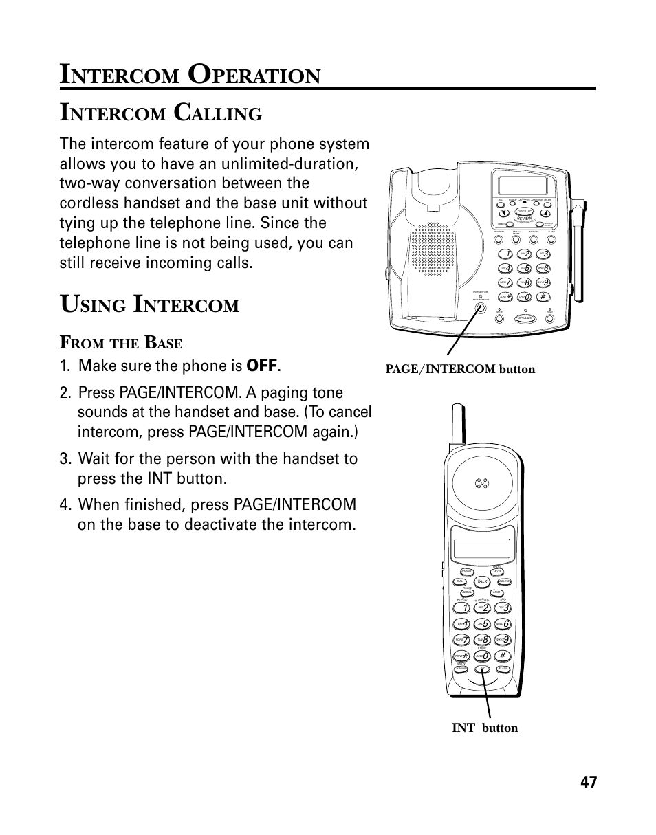 Intercom operation, Intercom calling, Using intercom | From the base, Ntercom, Peration, Alling, Sing, Page/intercom button, Int button | GE 26939 User Manual | Page 47 / 88