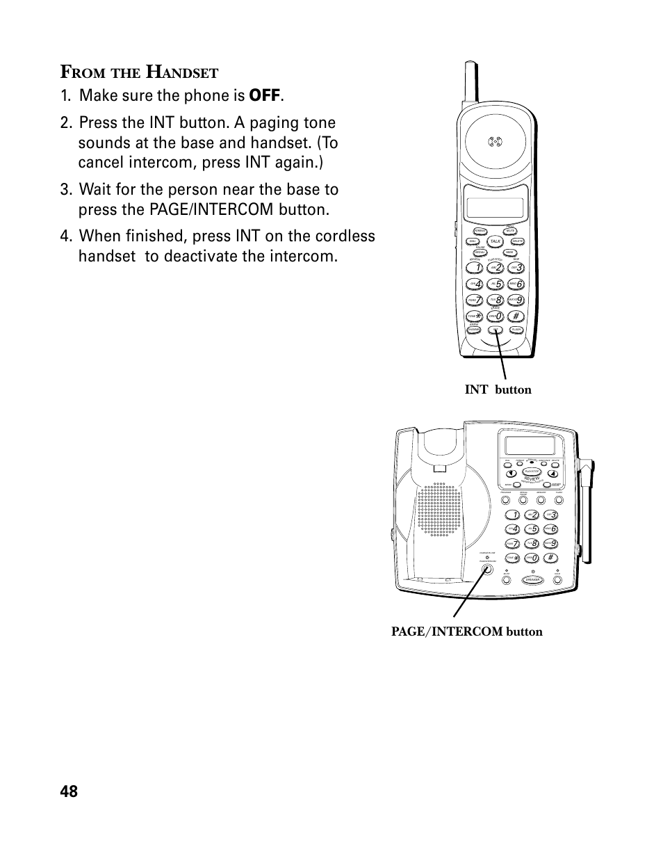 From the handset, Andset, Int button | Page/intercom button | GE 26939 User Manual | Page 48 / 88