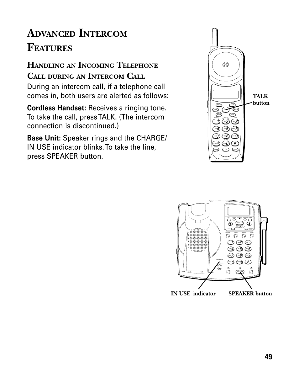 Advanced intercom features, Dvanced, Ntercom | Eatures, Andling, Ncoming, Elephone, During, Speaker button talk button | GE 26939 User Manual | Page 49 / 88