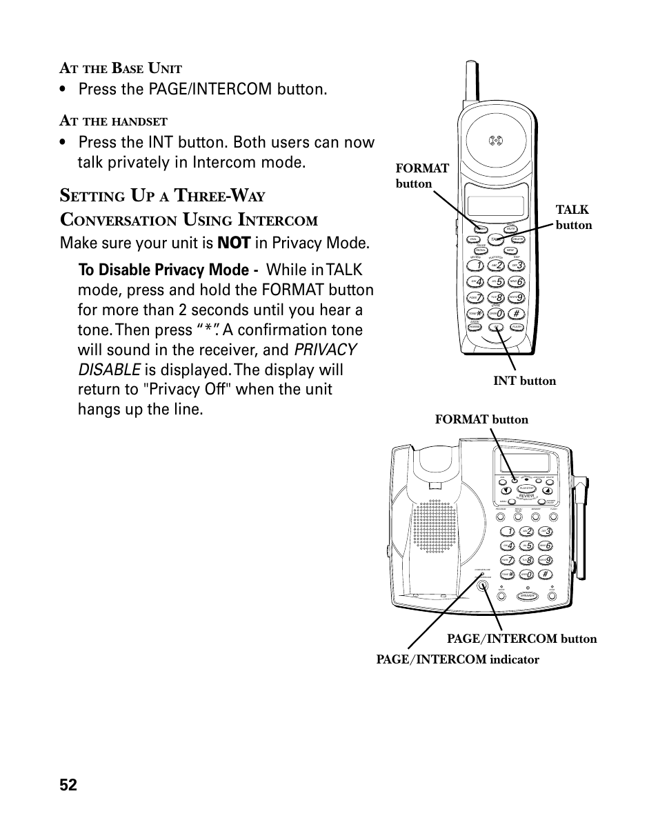 At the base unit, At the handset, Setting up a three-way conversation using intercom | Handset, Etting, Hree, Onversation, Sing, Ntercom, 52 a | GE 26939 User Manual | Page 52 / 88