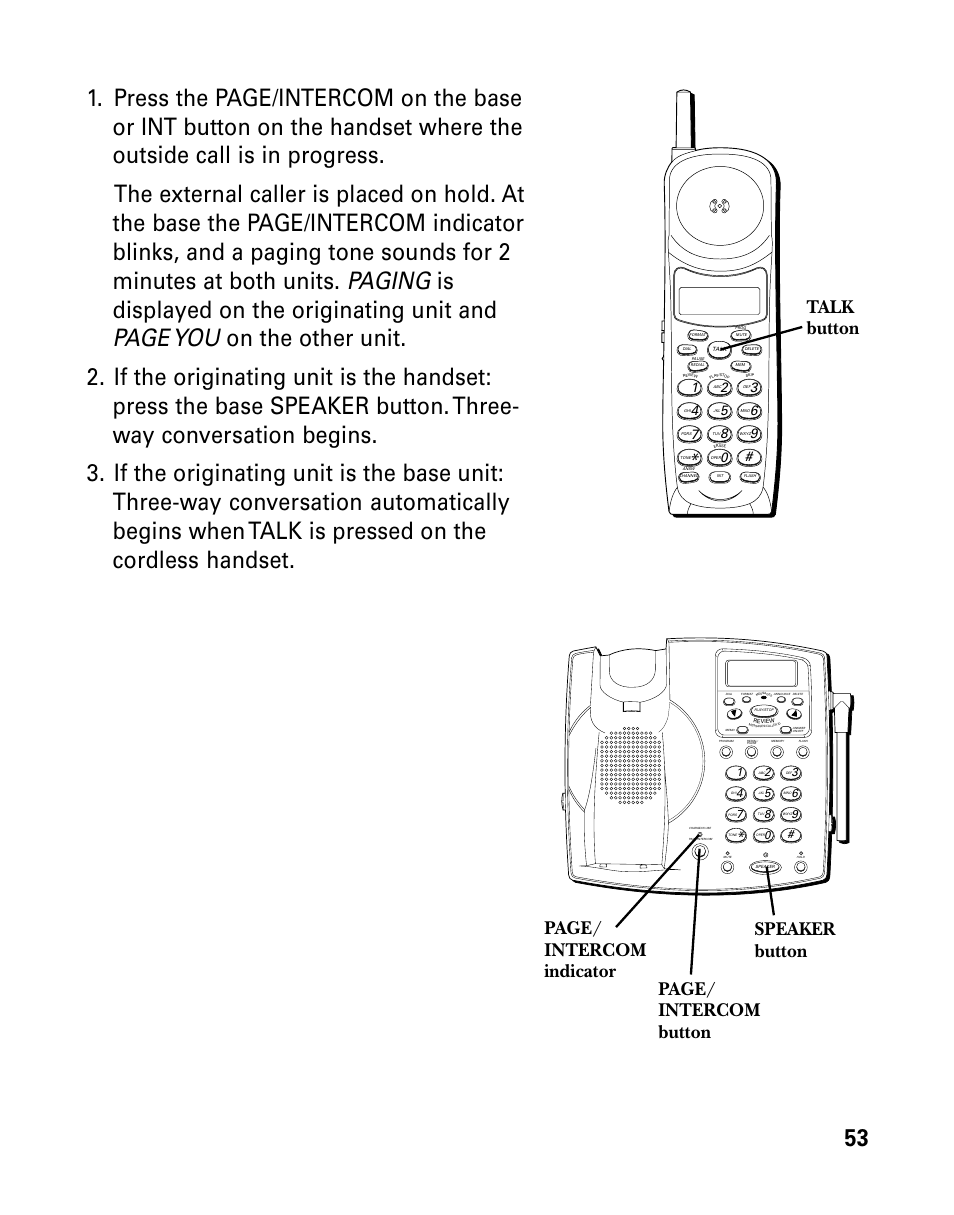 Page/ intercom button talk button, Page/ intercom indicator speaker button | GE 26939 User Manual | Page 53 / 88