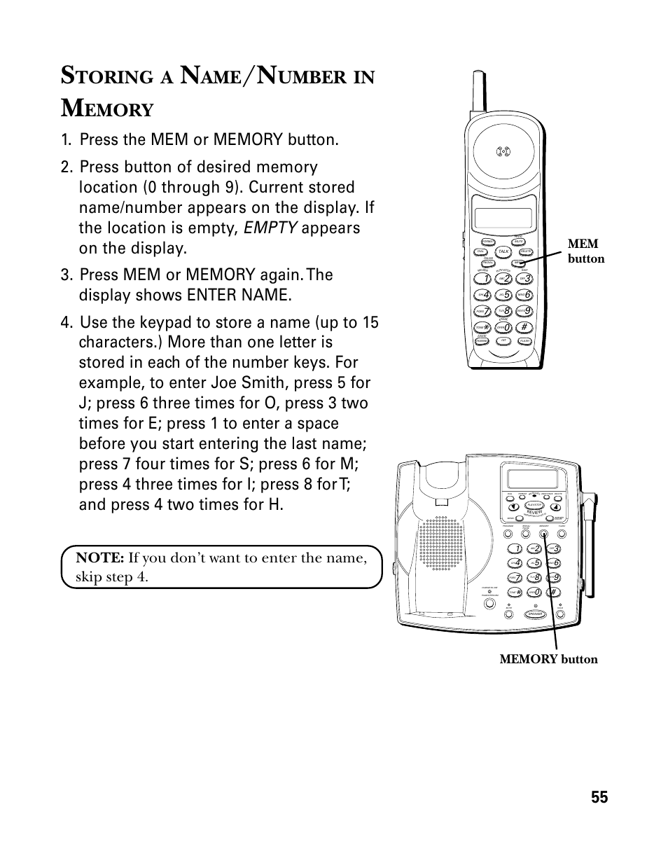 Storing a name/number in memory, Toring, Umber | Emory, Mem button | GE 26939 User Manual | Page 55 / 88