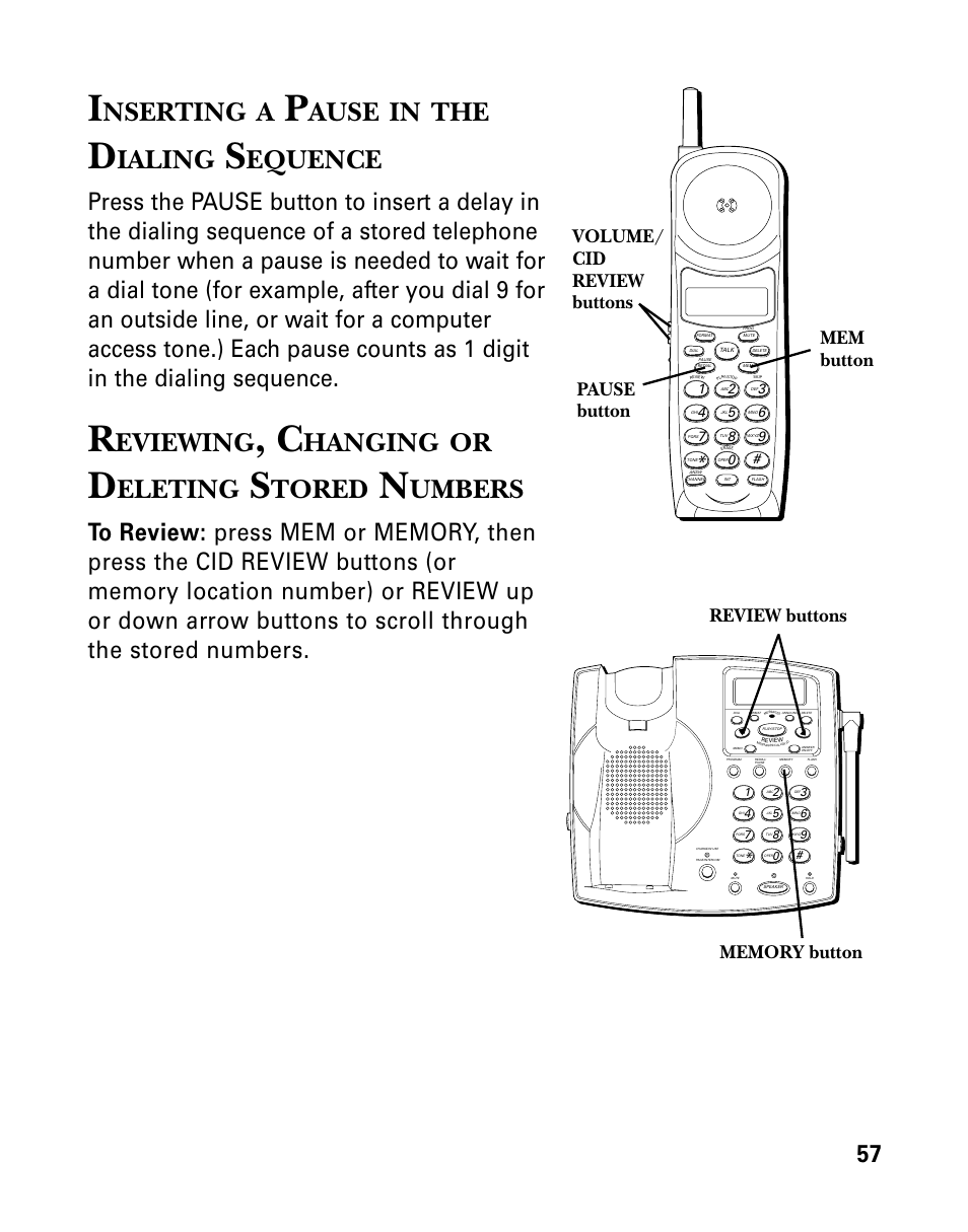 Inserting a pause in the dialing sequence, Reviewing, changing or deleting stored numbers, Nserting | Ause, Ialing, Equence, Eviewing, Hanging, Eleting, Tored | GE 26939 User Manual | Page 57 / 88