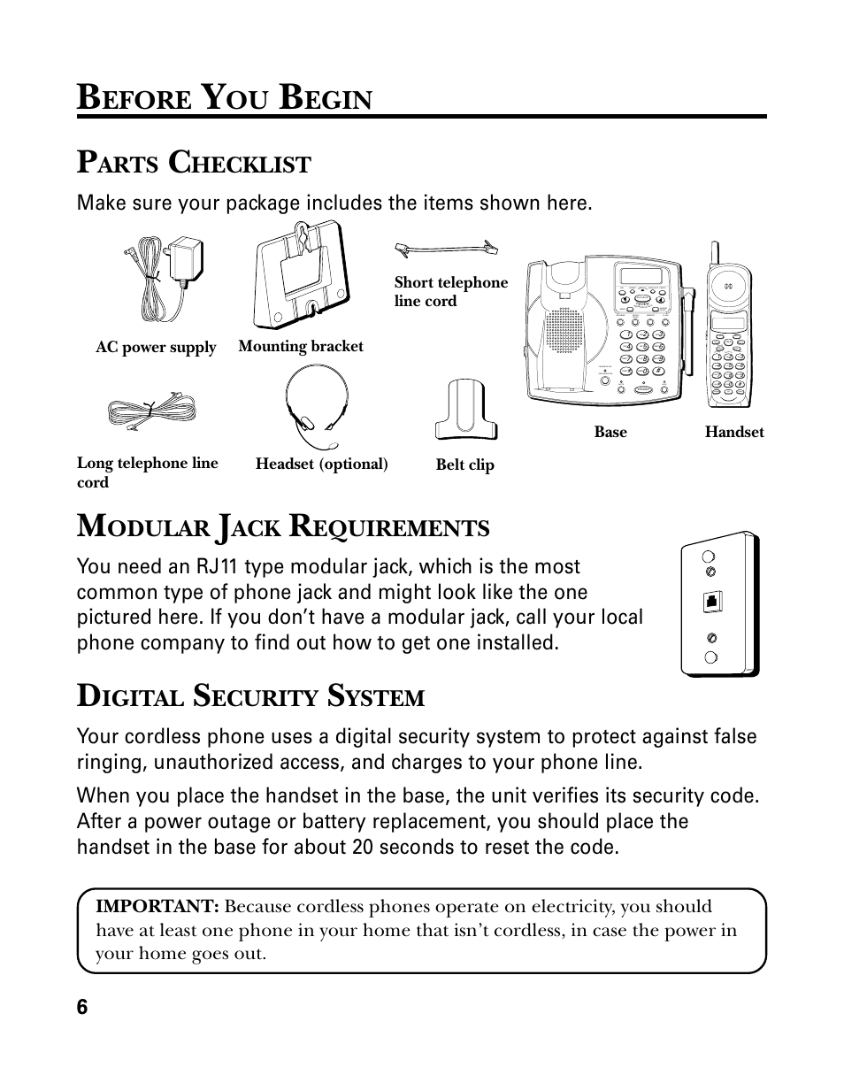 Before you begin, Parts checklist, Modular jack requirements | Digital security system, Efore, Egin, Arts, Hecklist, Odular, Equirements | GE 26939 User Manual | Page 6 / 88