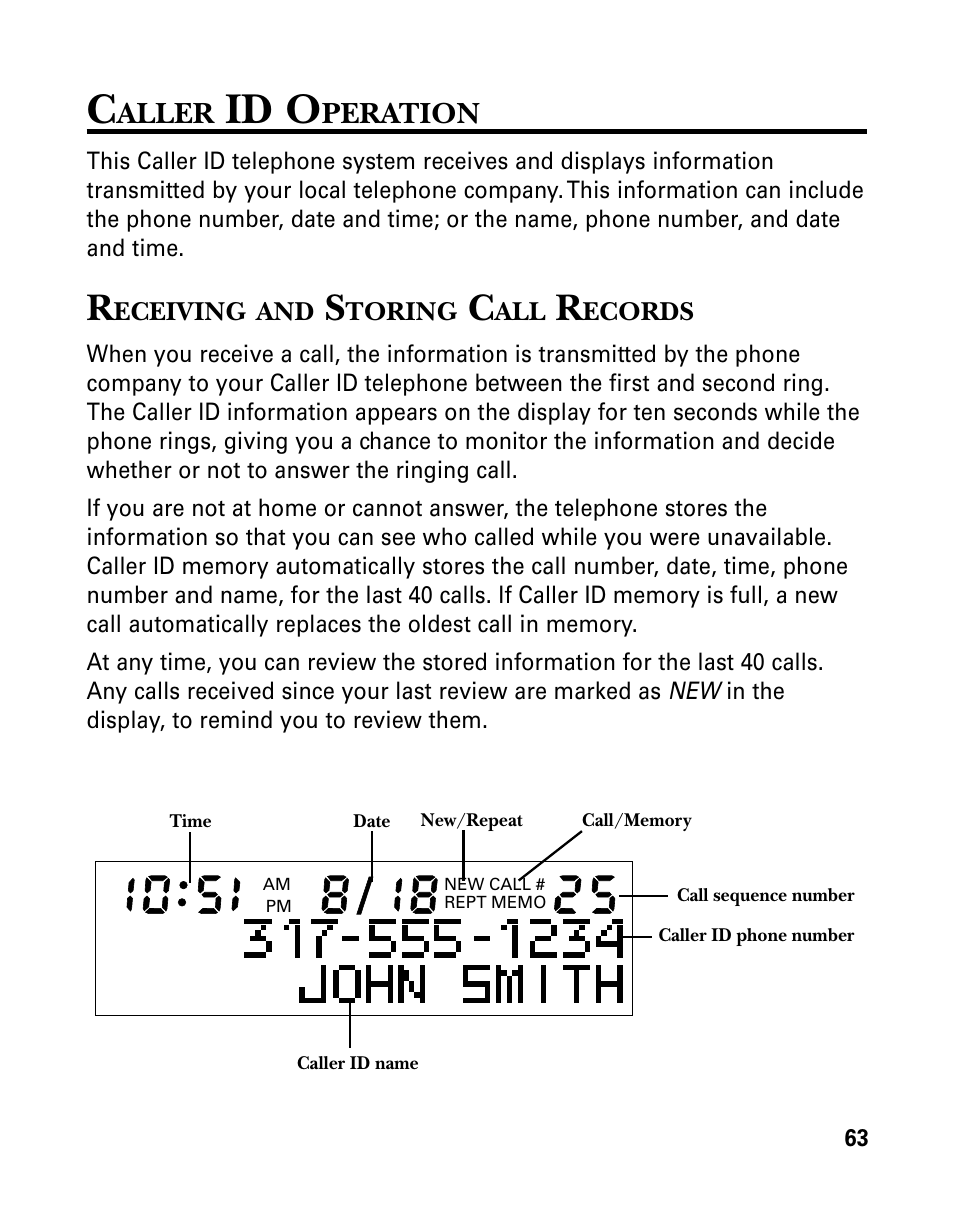 Caller id operation, Receiving and storing call records, Aller | Id o, Peration, Eceiving, Toring, Ecords | GE 26939 User Manual | Page 63 / 88