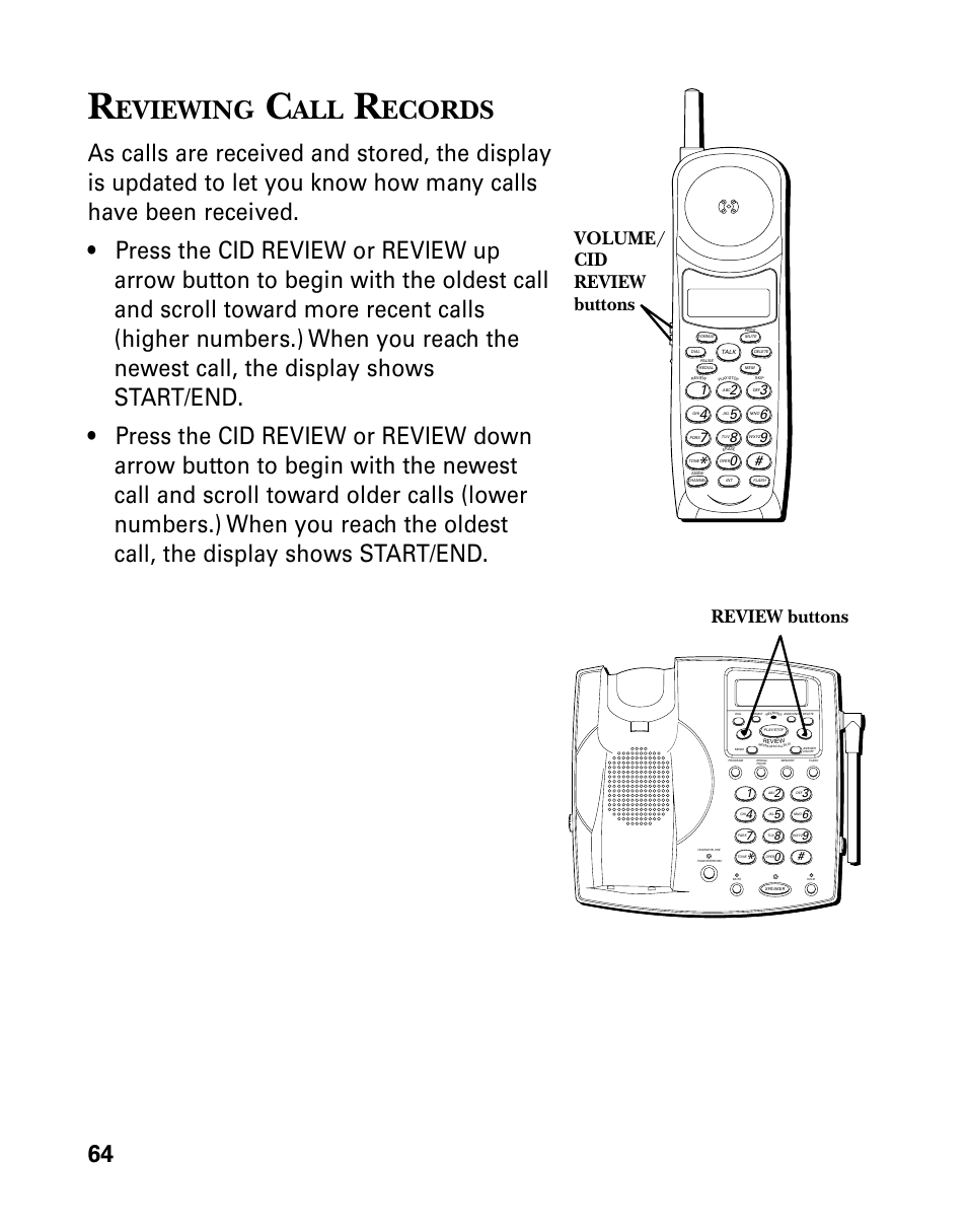 Reviewing call records, Eviewing, Ecords | Volume/ cid review buttons review buttons | GE 26939 User Manual | Page 64 / 88