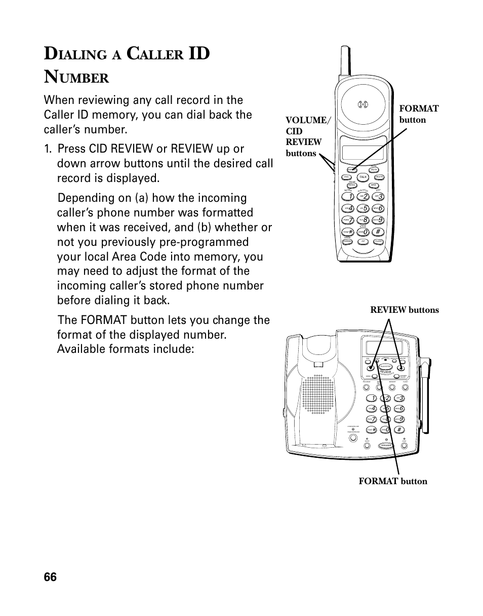 Dialing a caller id number, Ialing, Aller | Id n, Umber | GE 26939 User Manual | Page 66 / 88