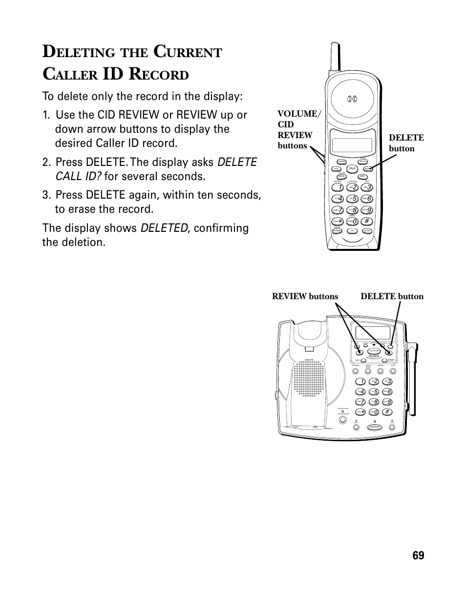 Deleting the current caller id record, Eleting, Urrent | Aller, Ecord, Id r | GE 26939 User Manual | Page 69 / 88