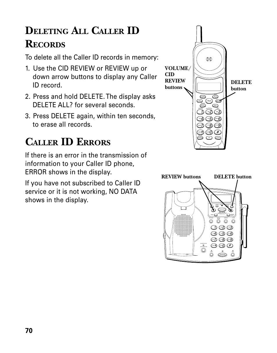 Deleting all caller id records, Caller id errors, Eleting | Aller, Id r, Ecords, Id e, Rrors | GE 26939 User Manual | Page 70 / 88