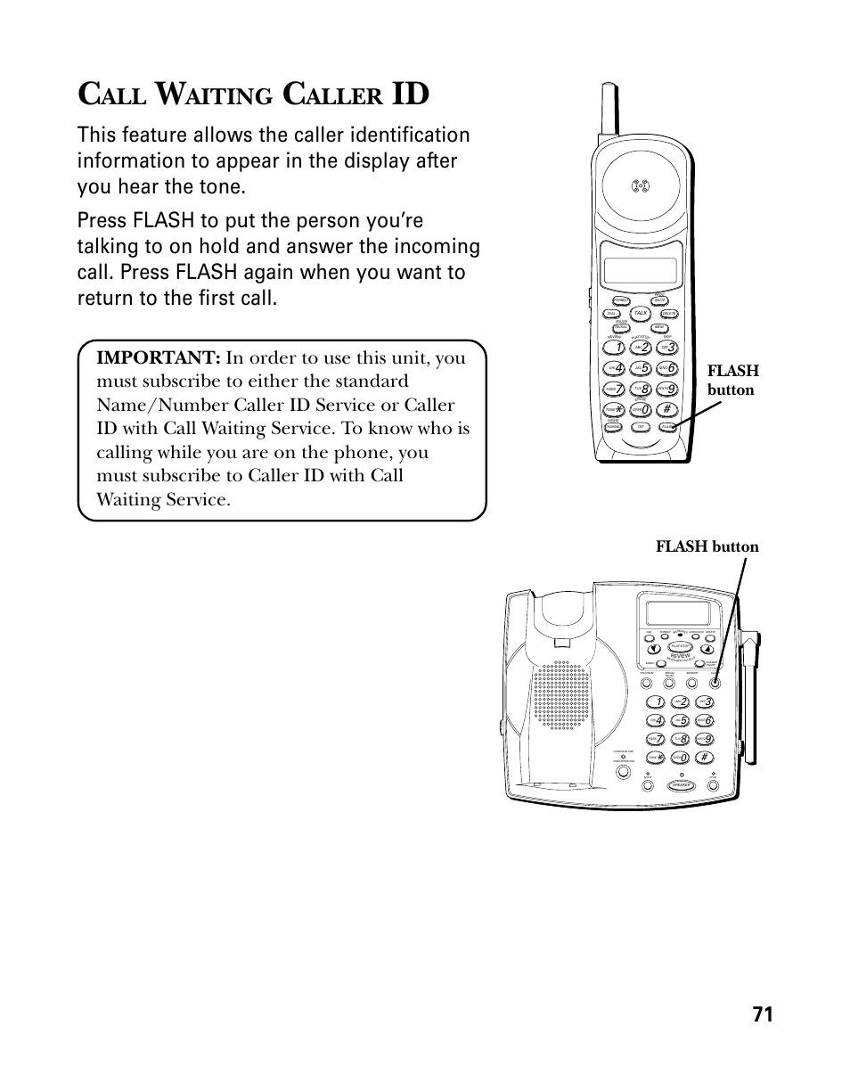 Call waiting caller id, Aiting, Aller | Flash button | GE 26939 User Manual | Page 71 / 88