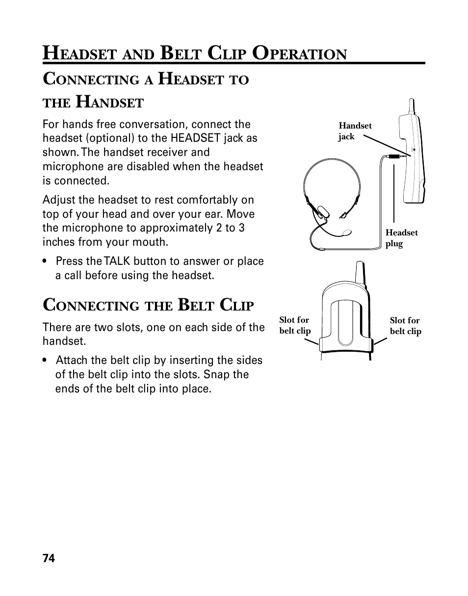 Headset and belt clip operation, Connecting a headset to the handset, Connecting the belt clip | Eadset, Peration, Onnecting, Headset, Handset | GE 26939 User Manual | Page 74 / 88