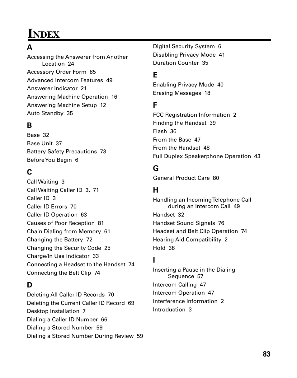 Index, Ndex | GE 26939 User Manual | Page 83 / 88