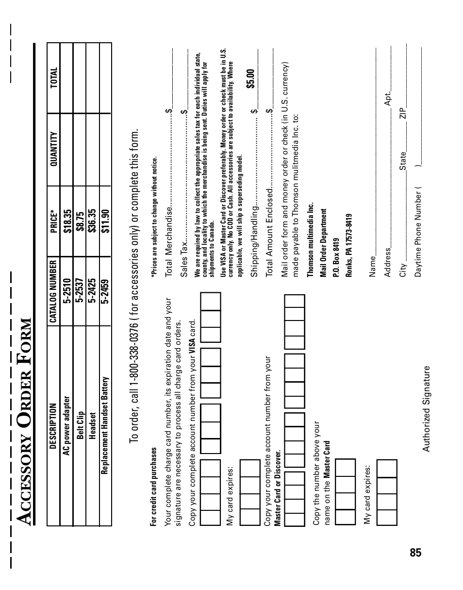 Accessory order form, Ccessory, Rder | Accessory order form 85, Ccessor y | GE 26939 User Manual | Page 85 / 88