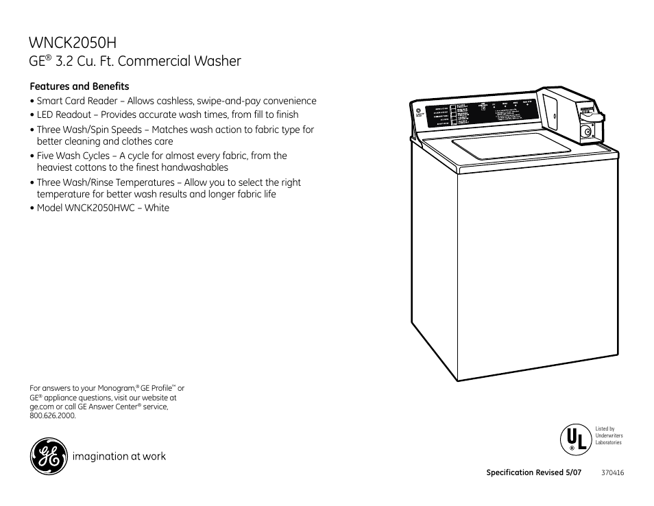 Wnck2050h, 2 cu. ft. commercial washer | GE Profile WNCK2050HWC User Manual | Page 2 / 2