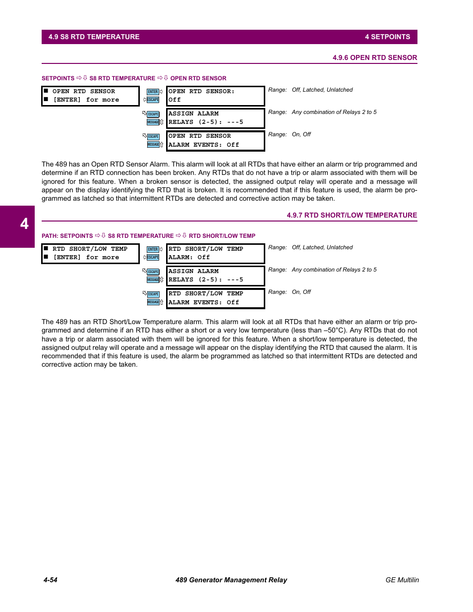 6 open rtd sensor, 7 rtd short/low temperature, Open rtd sensor -54 | Rtd short/low temperature -54 | GE 489 User Manual | Page 104 / 259