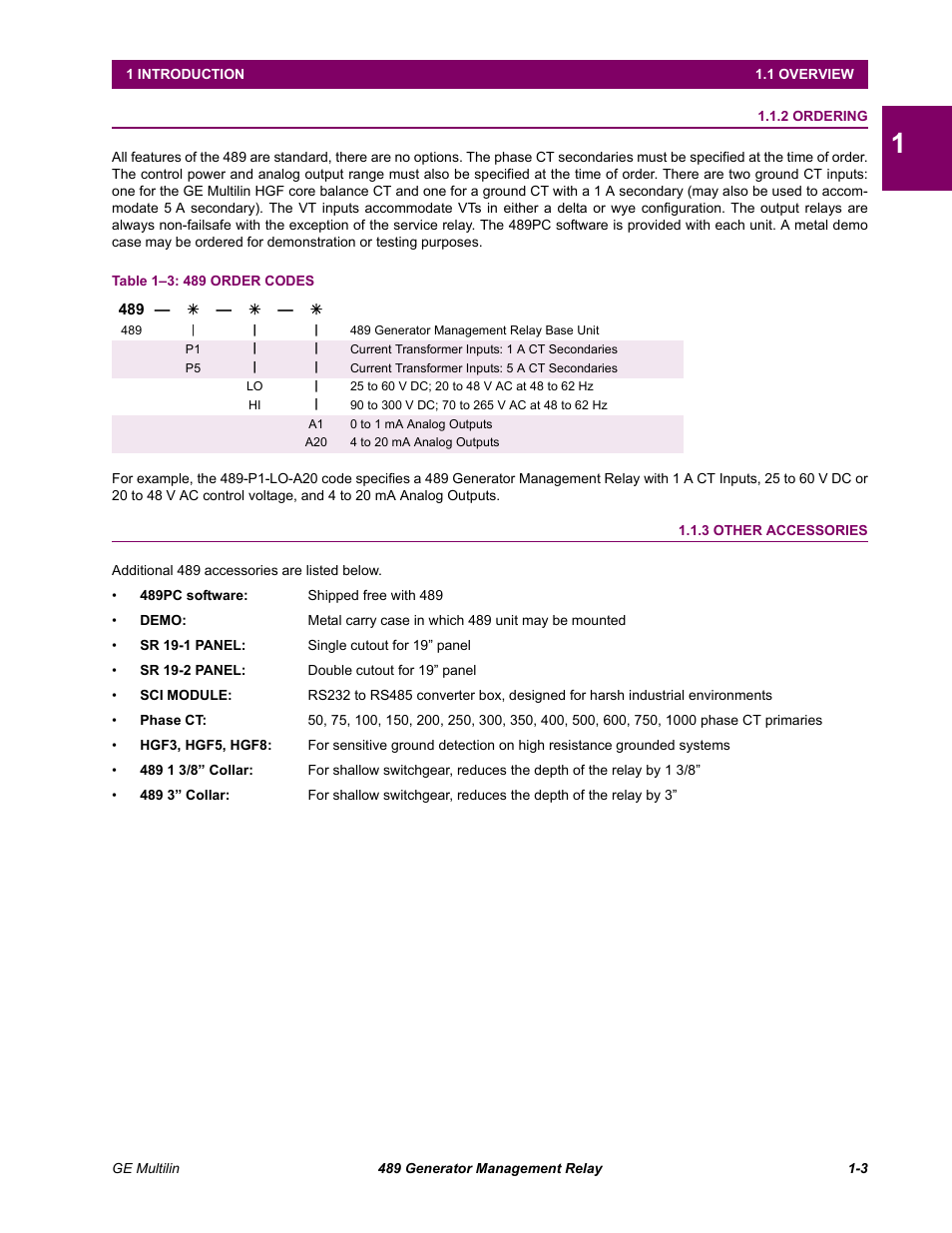 2 ordering, 3 other accessories, Ordering -3 | Other accessories -3 | GE 489 User Manual | Page 11 / 259
